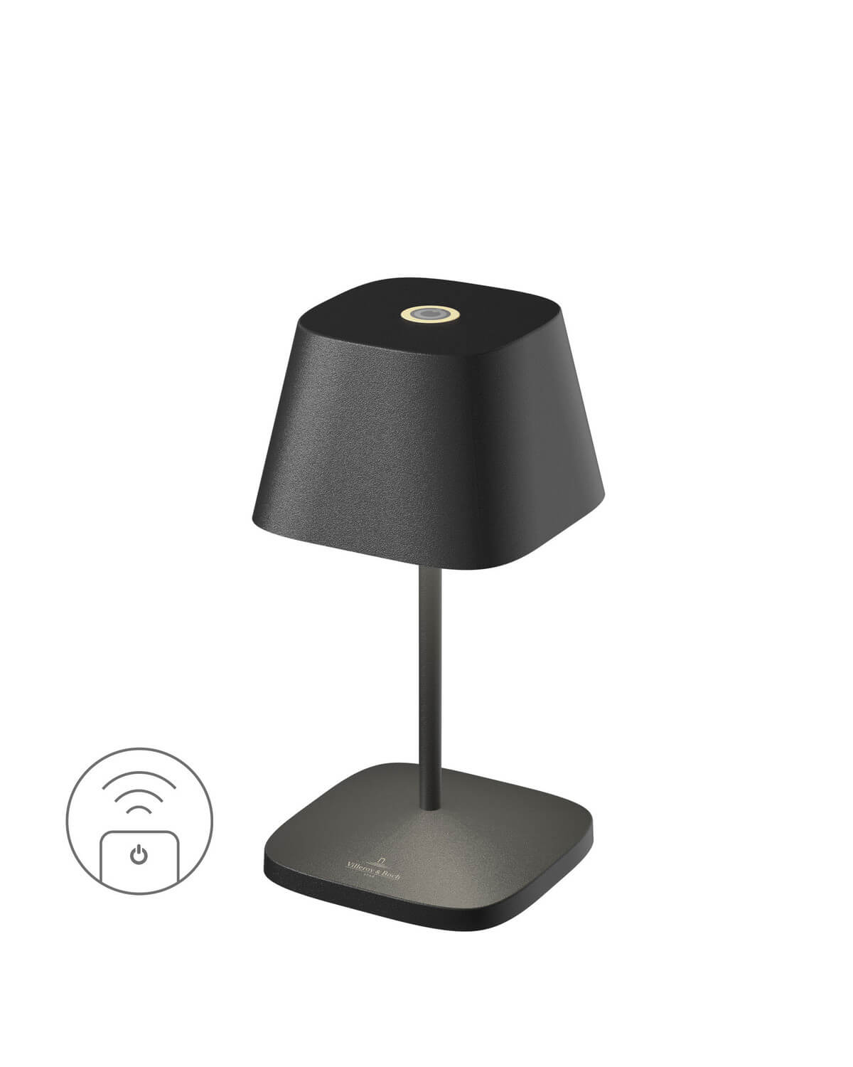 Lampe extérieure noire à poser, abat-jour conique, base carrée et icône de recharge sans fil