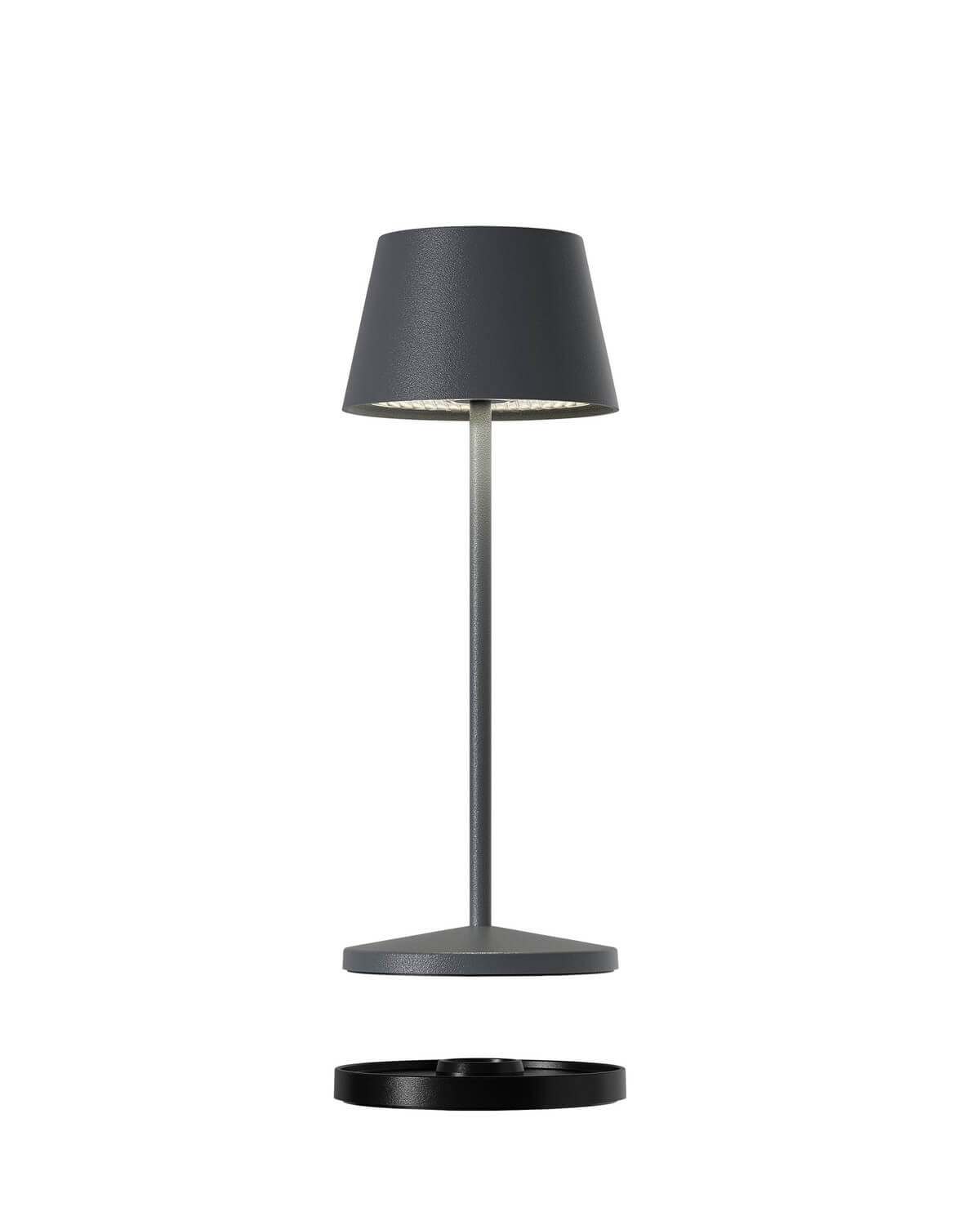 Vue de profil avec socle détaché et base de recharge visible.