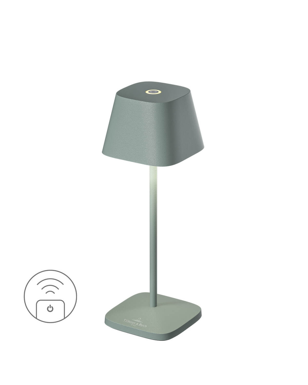 Lampe à poser vue de face, icône de commande sans fil en bas à gauche