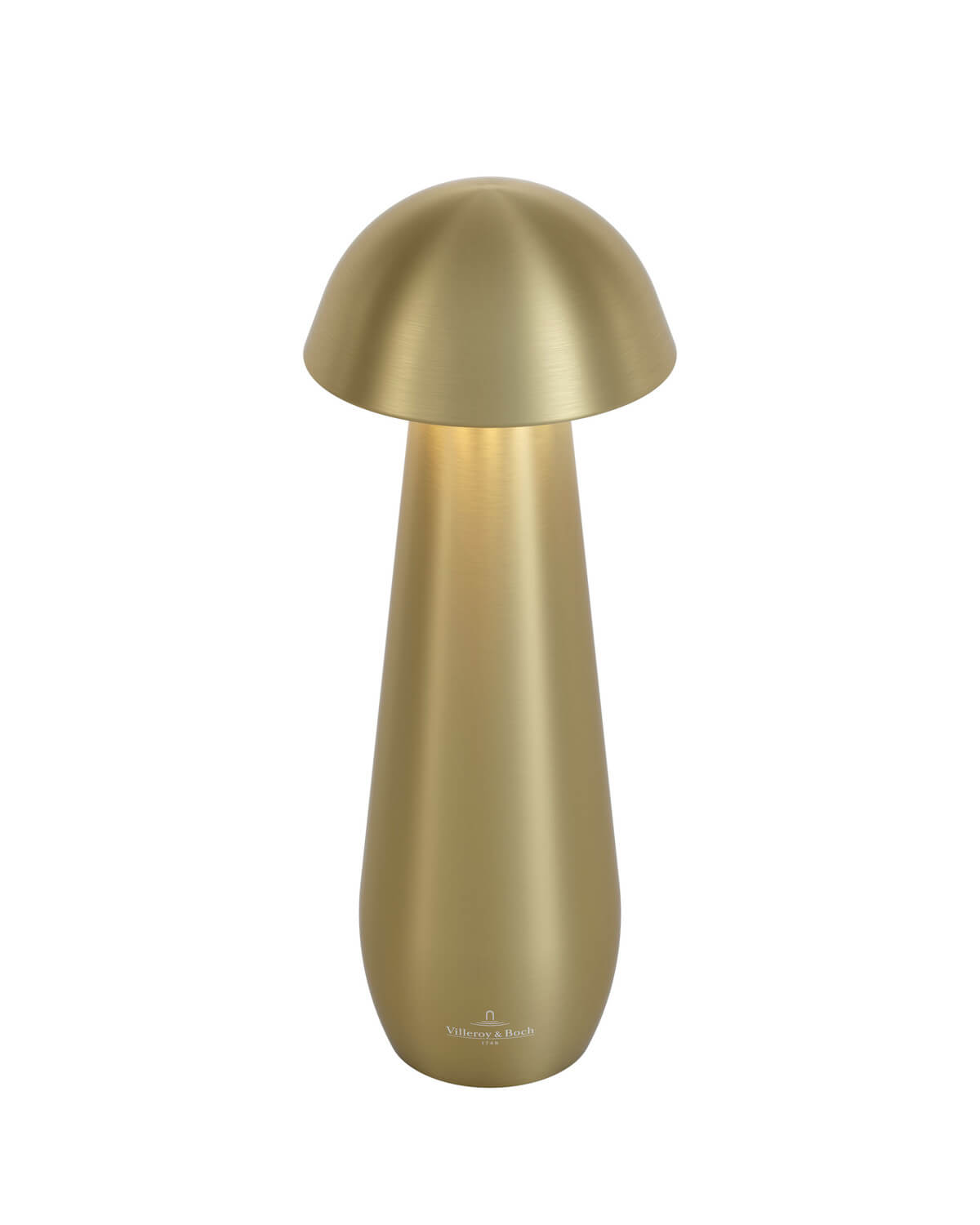 Lampe extérieure dorée non allumée, forme de champignon avec chapeau bombé.