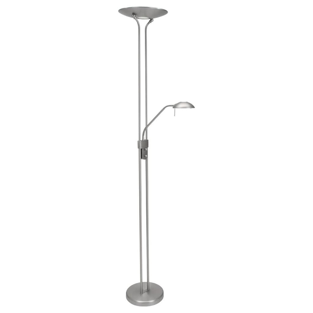 Lampe de sol en acier avec deux tiges verticales, plateau diffuseur et bras de lecture orientable.
