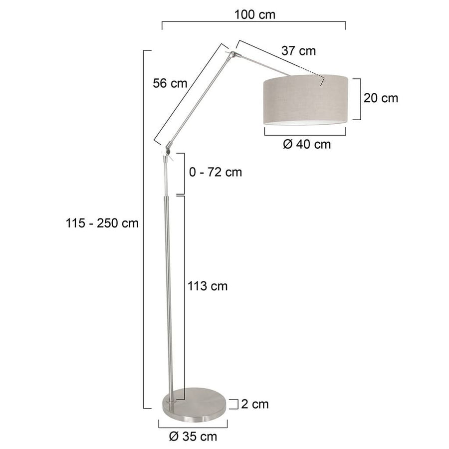Schéma coté du lampadaire réglable avec hauteur, profondeur et dimensions de l’abat-jour.