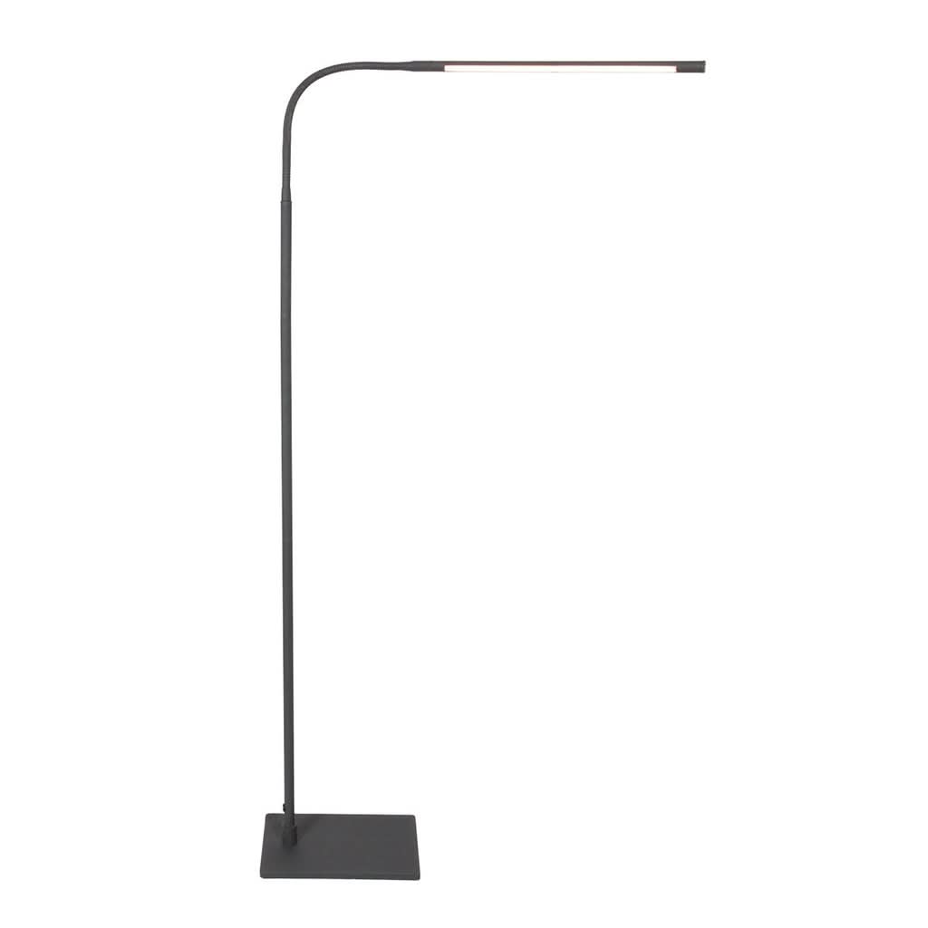 Lampe sur pied noire vue de face, tige fine et tête plate horizontale.