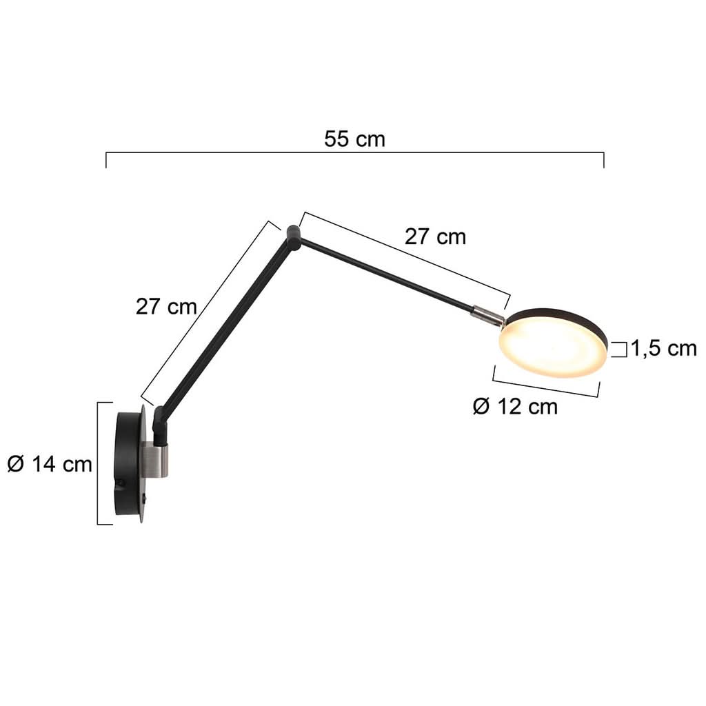 Dimensions de l'applique murale Éclio : portée 55 cm, bras 27 + 27 cm, disque Ø 12 cm, platine Ø 14 cm – Designix.fr