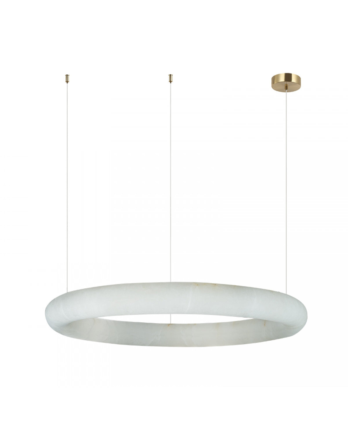 Produit de face sur fond blanc, anneau albâtre et câbles de suspension.