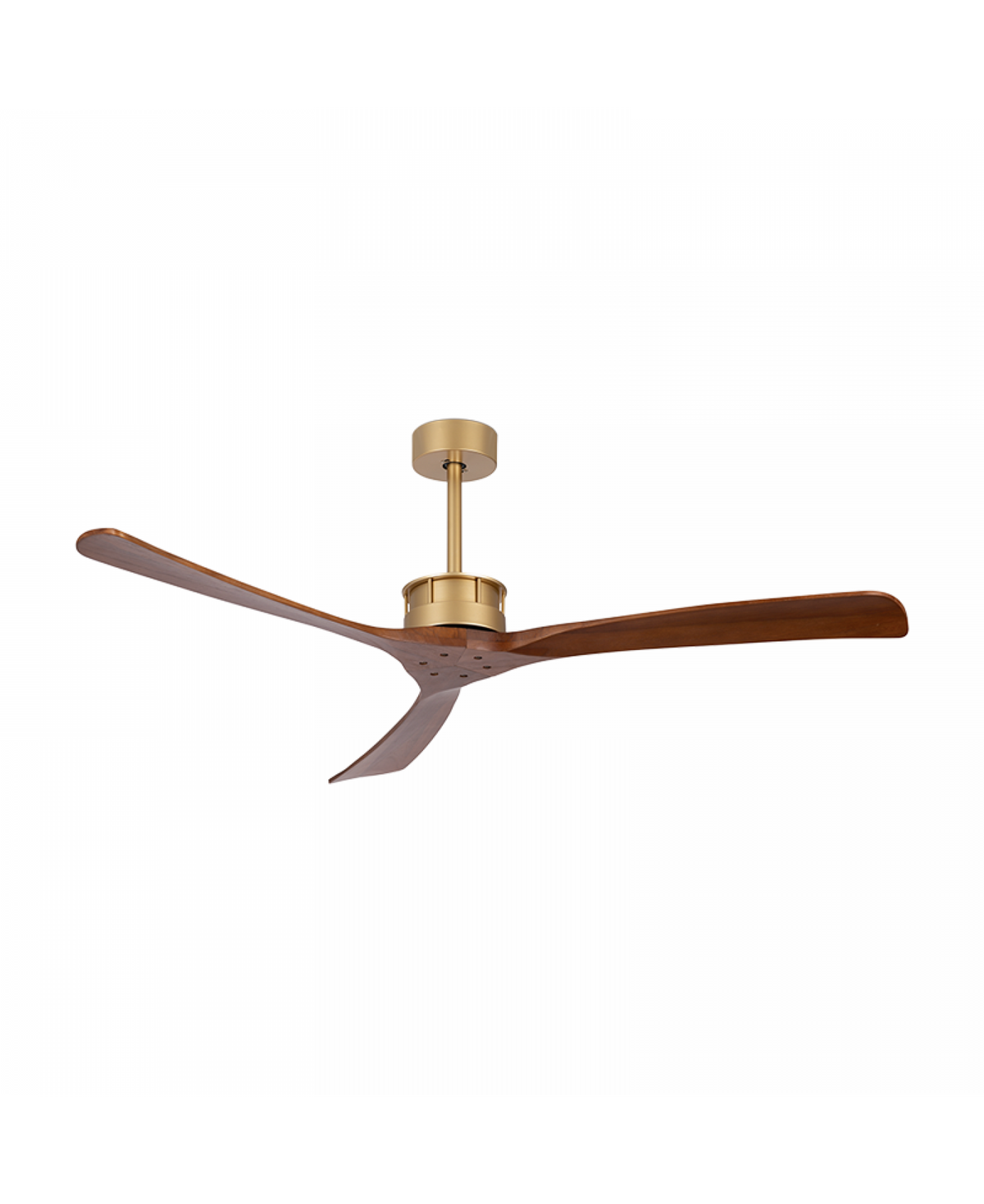 Second plan produit du ventilateur doré, pales bois foncé, sur fond blanc neutre