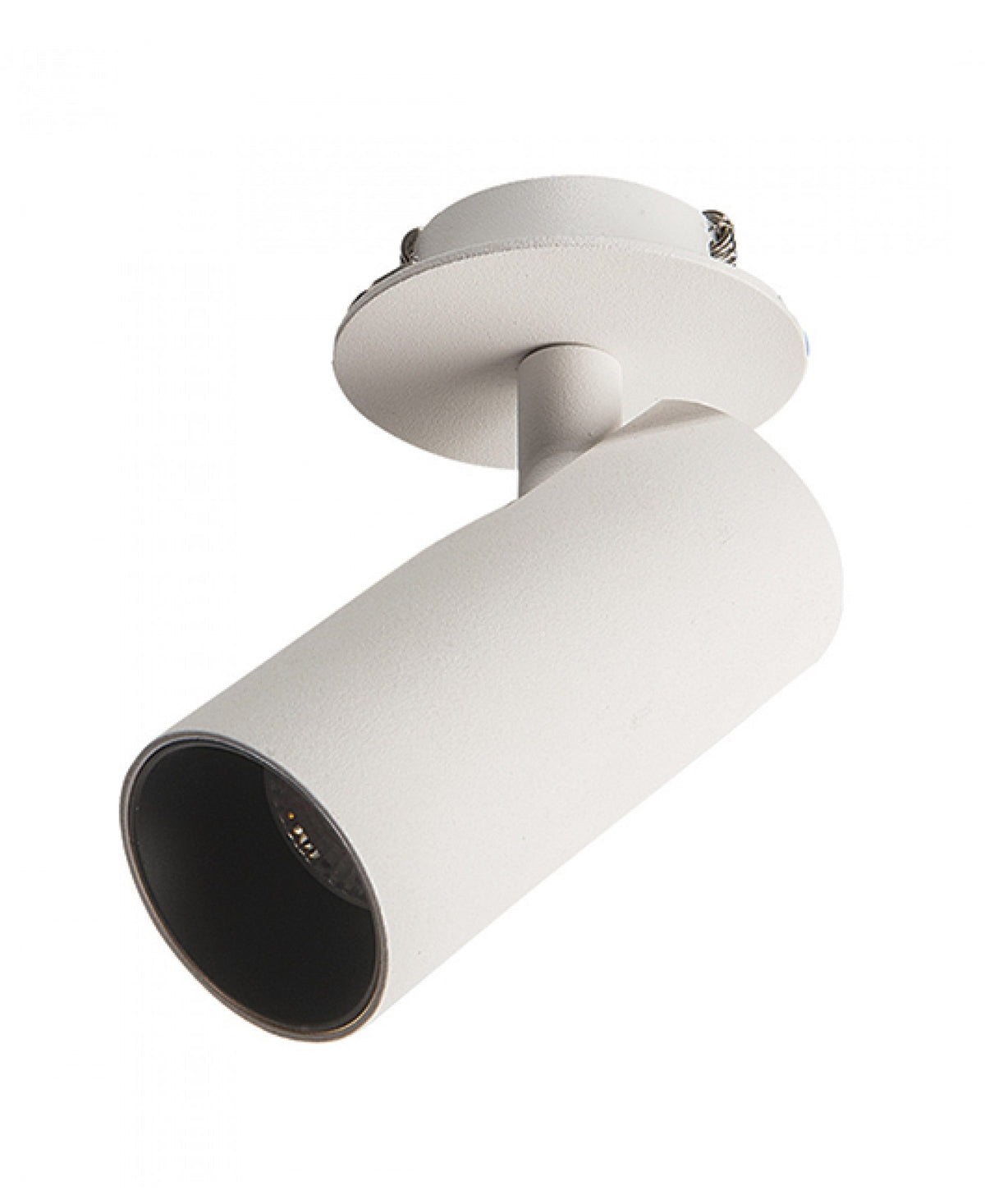 Détail de la tête cylindrique inclinée, intérieur noir et module LED visible.