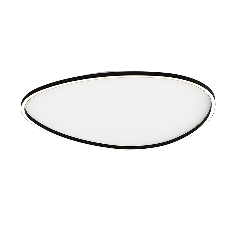Vue rapprochée du luminaire ovale, bord noir fin et verre opalin blanc