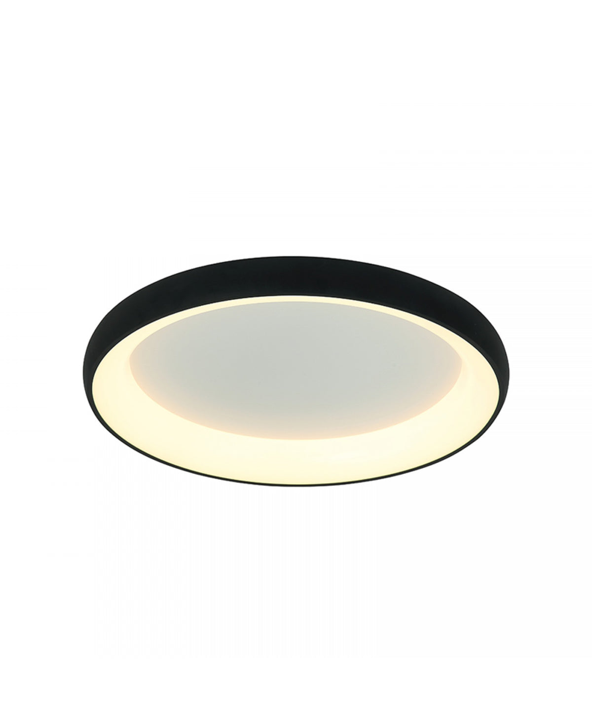 Vue en trois quarts montrant l'épaisseur du luminaire et son halo lumineux.