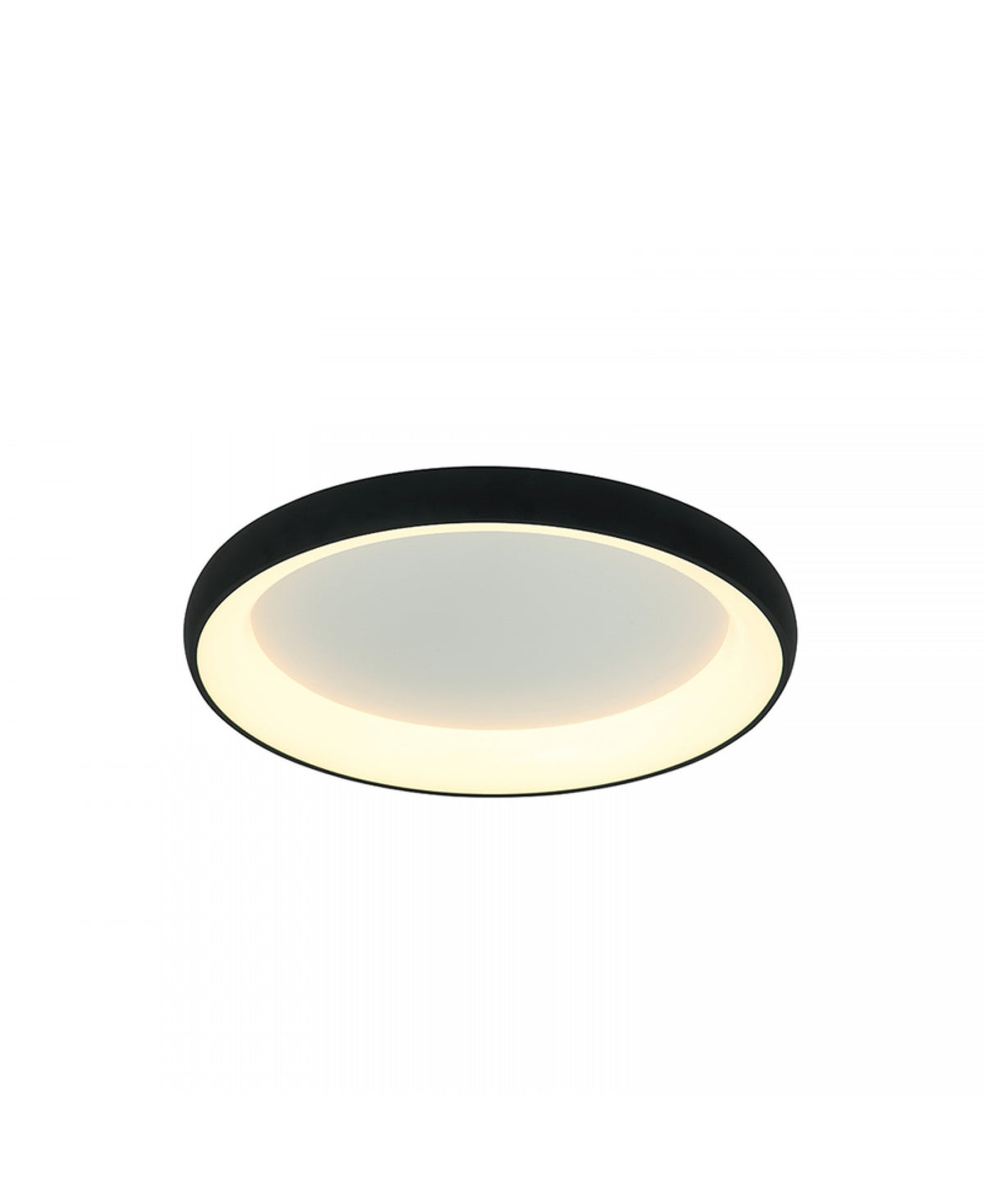 Vue de dessous du luminaire rond éclairé montrant la bague noire