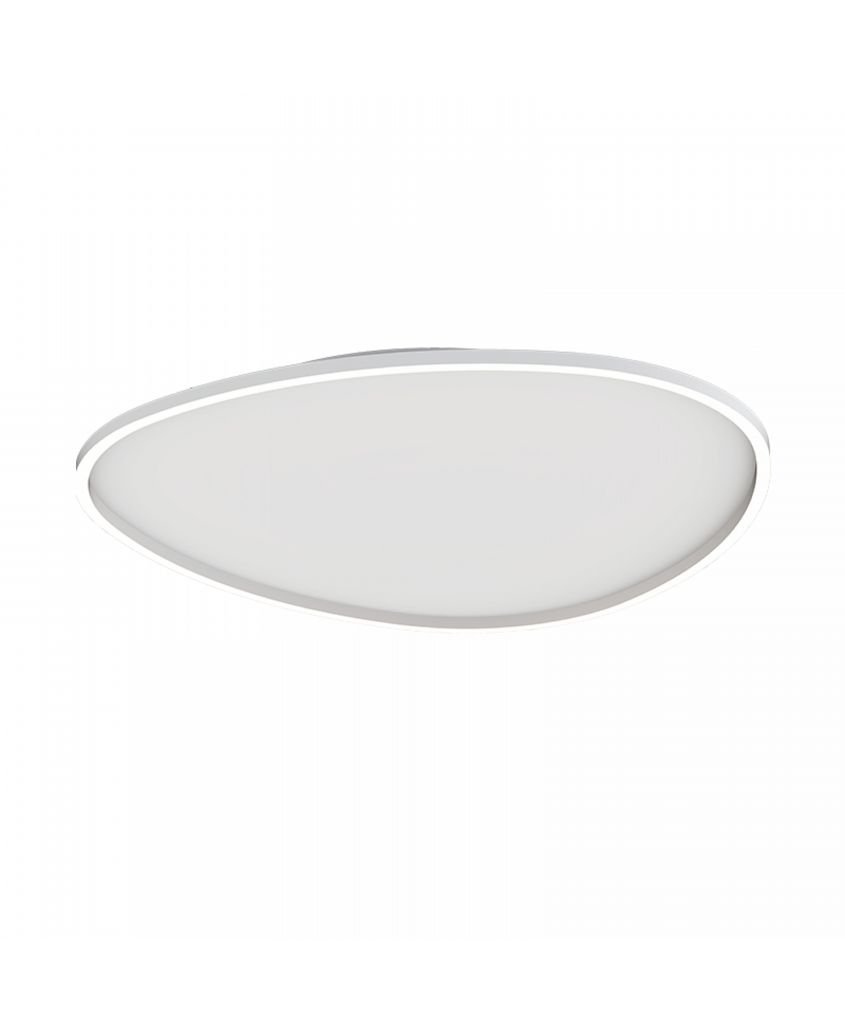 Plafonnier blanc sable, vue de trois quarts, dessous lisse et contour lumineux.
