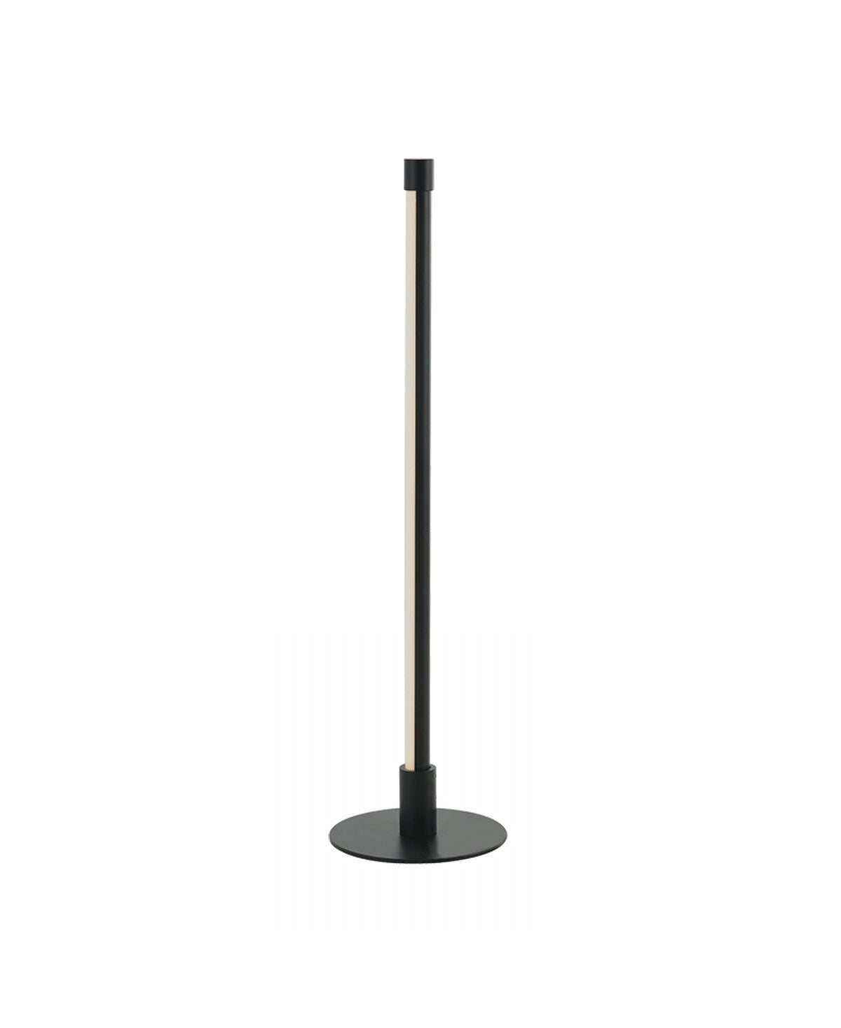 Autre angle du luminaire posé, socle circulaire et fût noir mat