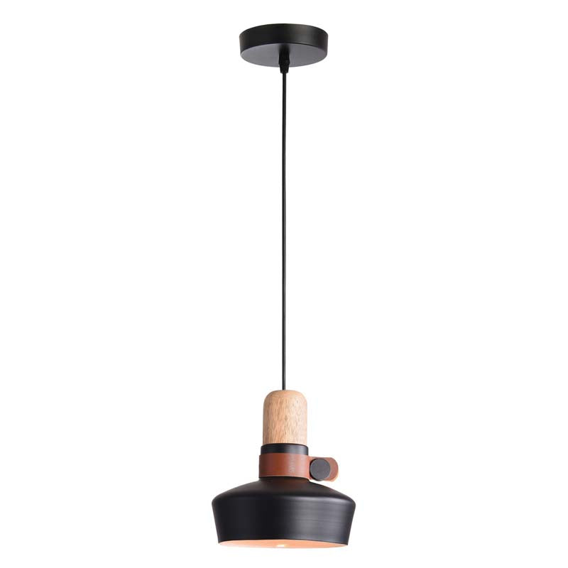 Vue produit rapprochée, abat-jour conique noir et support en bois clair