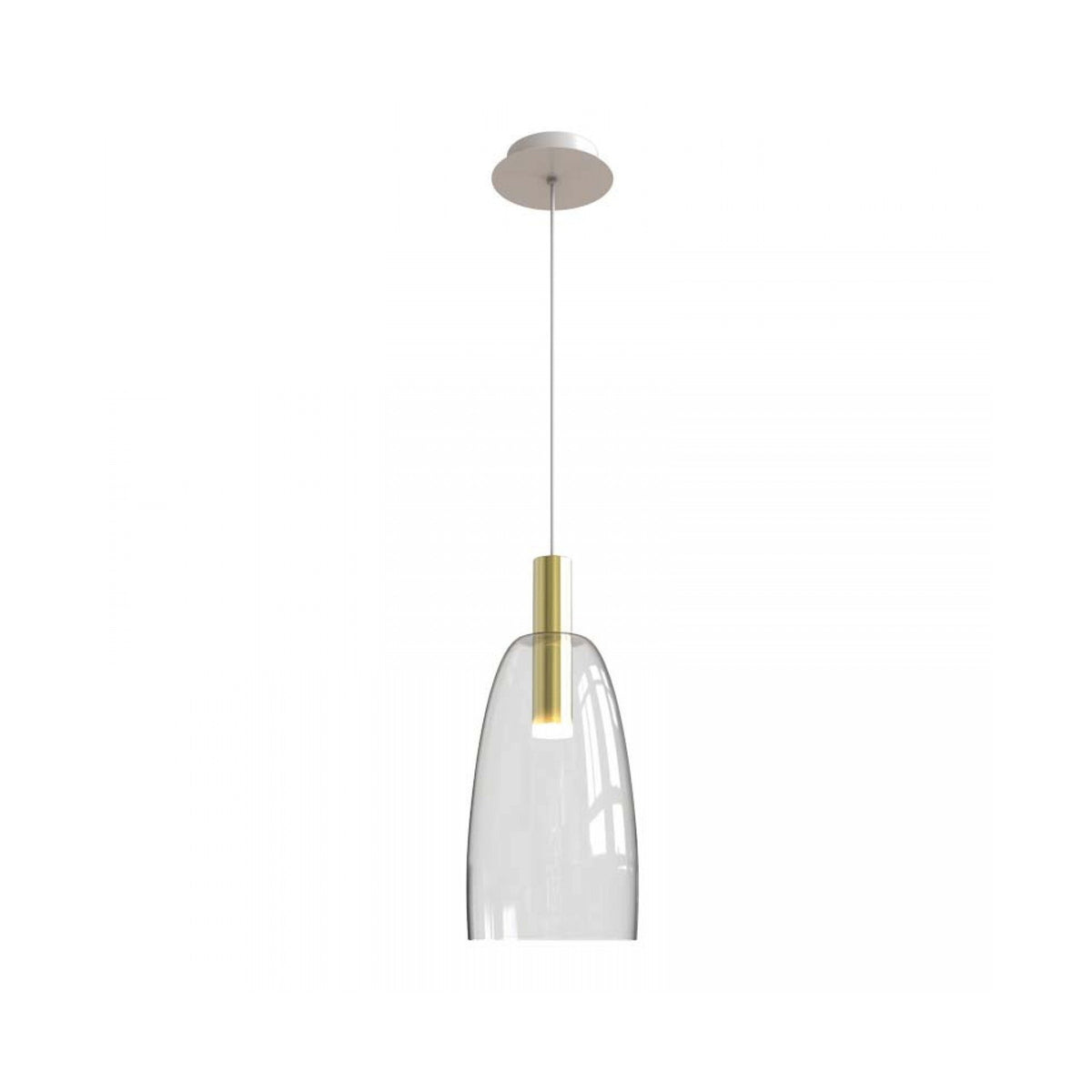 Vue détaillée d'une suspension en verre transparent avec douille dorée centrale.