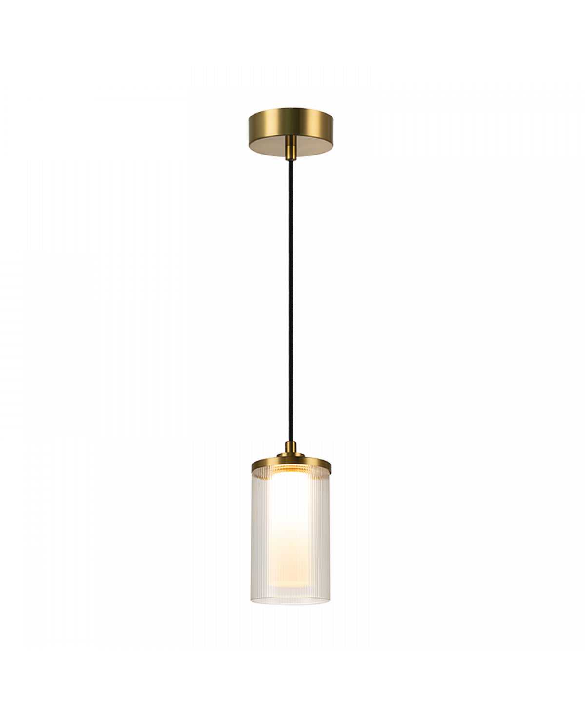 Détail de la finition dorée et du verre strié de la suspension.