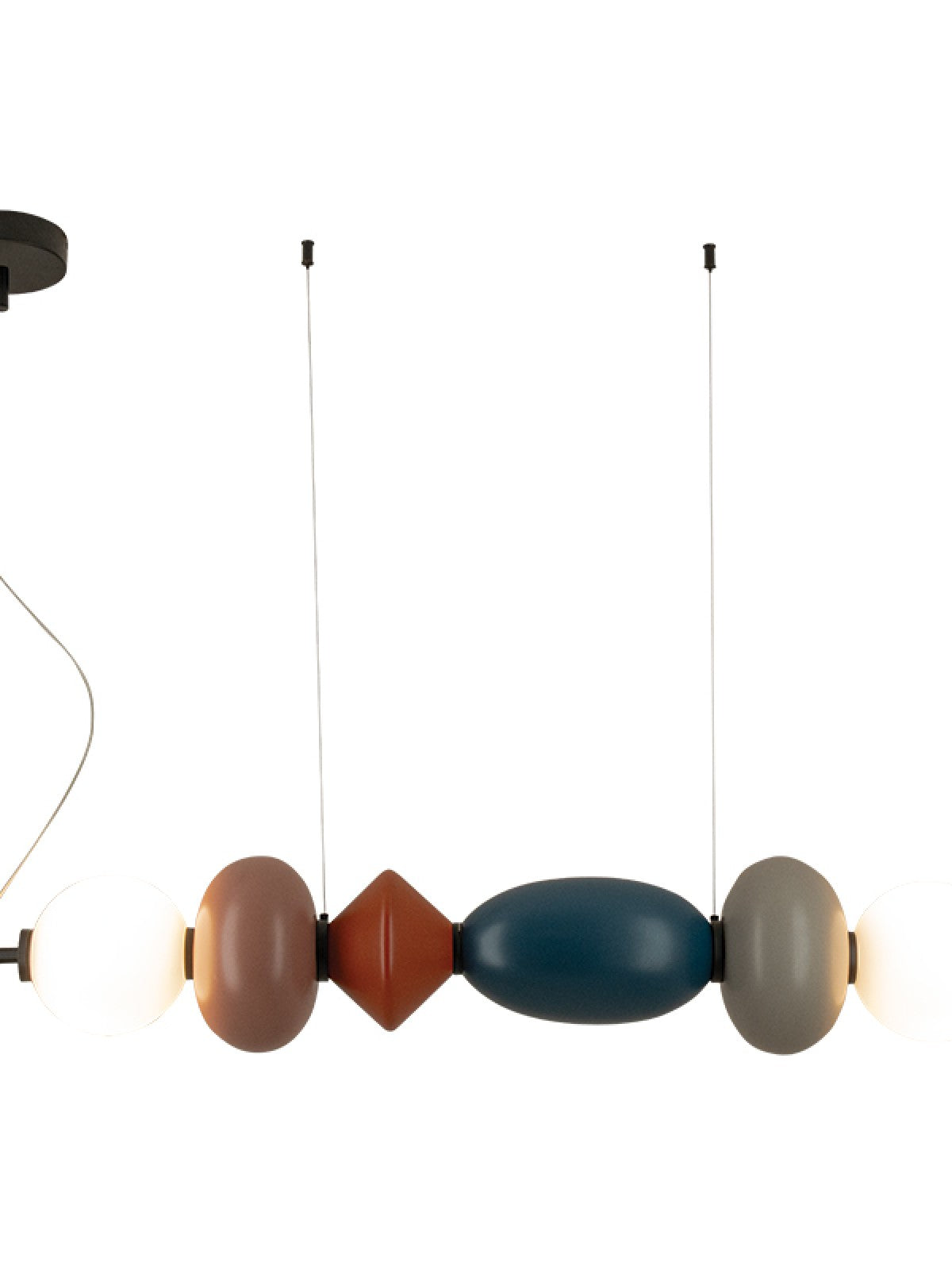 Détail des éléments colorés alignés horizontalement avec globes lumineux allumés aux extrémités