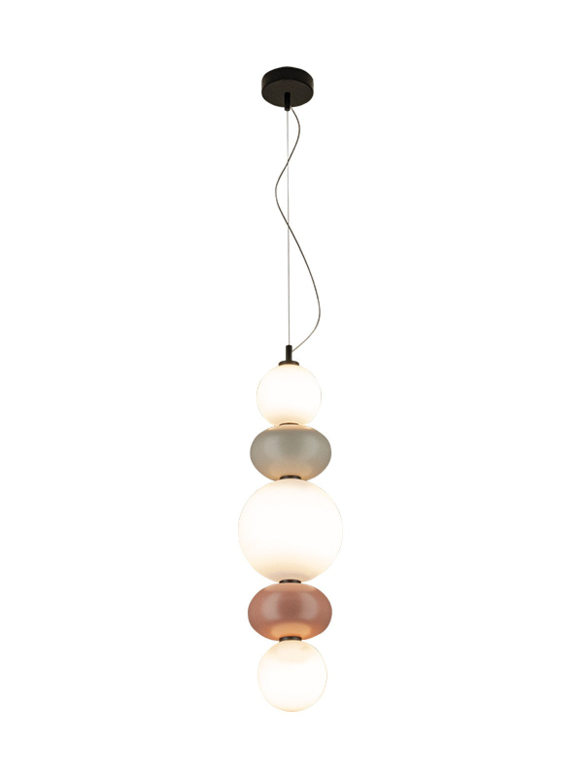 Suspension complète vue de face : rosace noire, câble, globes blancs, disques gris et brun.
