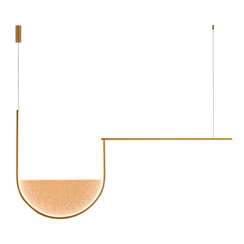 Vue rapprochée du luminaire doré mat, structure fine et diffuseur texturé translucide