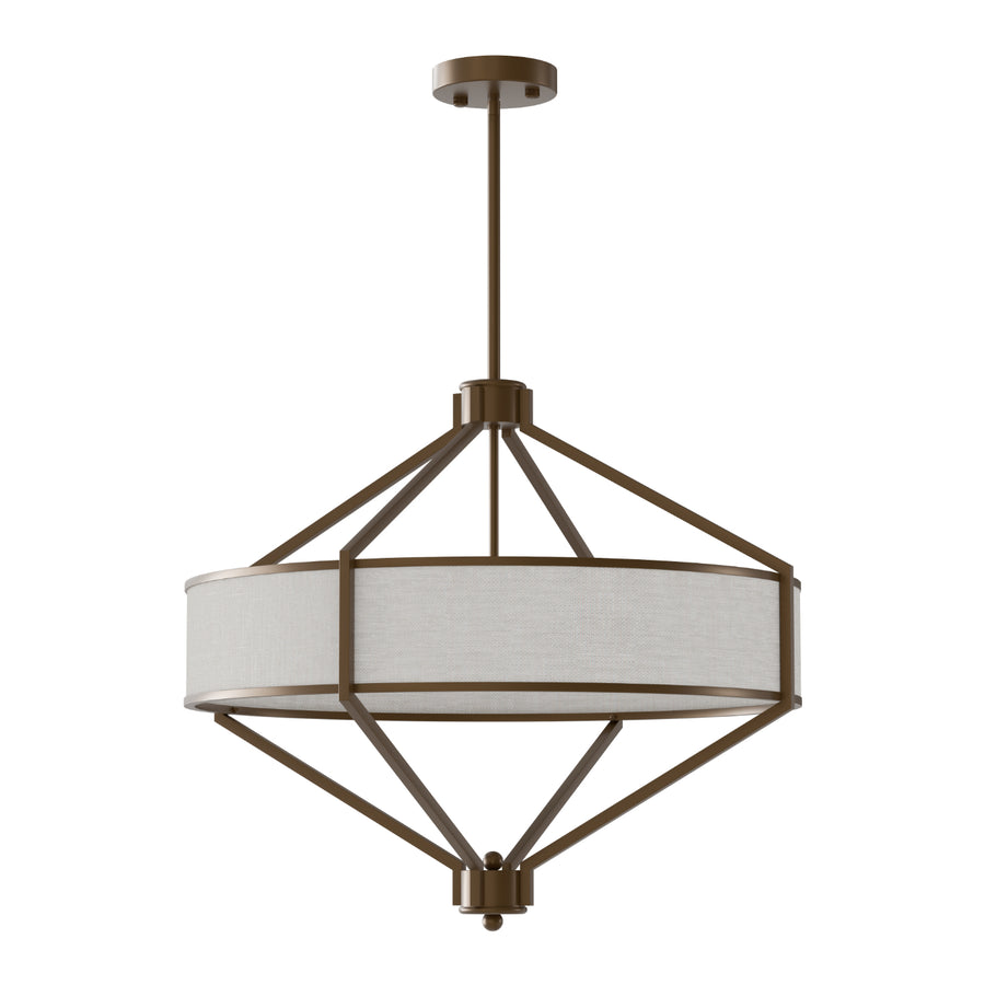 Suspension vue de face, structure métallique bronze et abat-jour en tissu beige clair