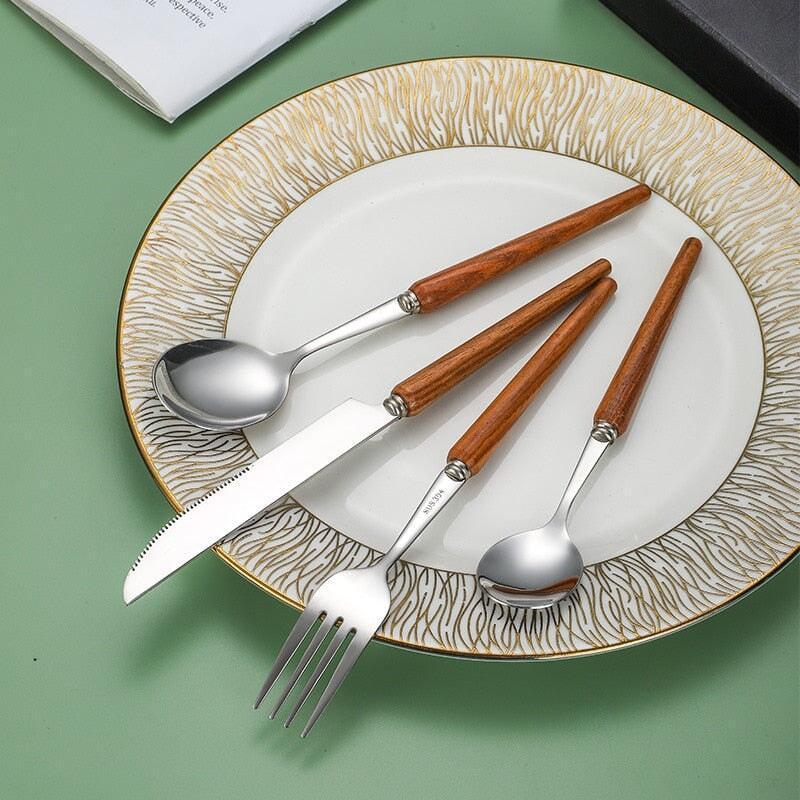 Couverts Manche en Bois | Enigma - Designix Couverts de table 16 Couverts | Argent