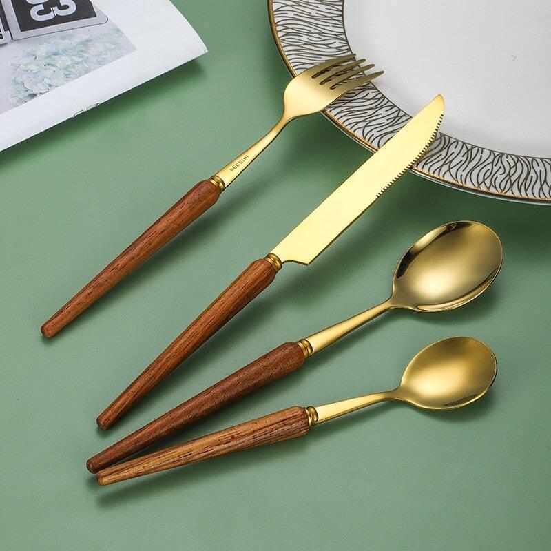 Couverts Manche en Bois | Enigma - Designix Couverts de table 16 Couverts | Argent