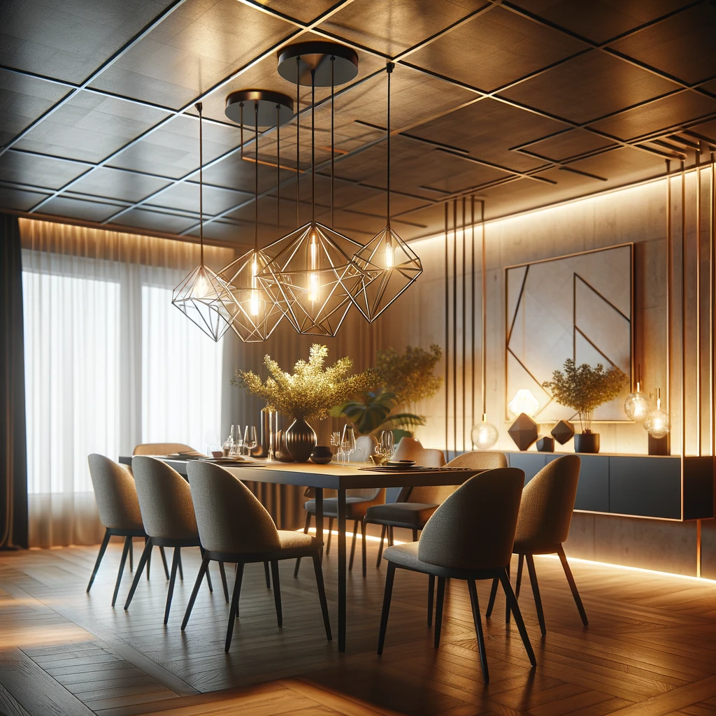 Une salle à manger moderne et sophistiquée éclairée par des LED, avec une suspension géométrique et élégante ou un design industriel chic, dans une ambiance chaleureuse et accueillante.