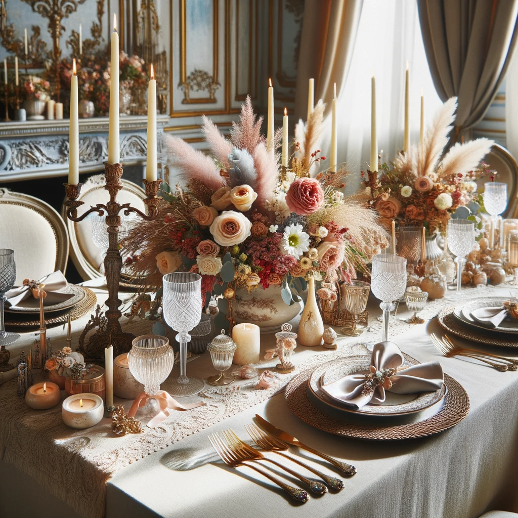   Une table dressée dans un cadre élégant avec des détails raffinés, des fleurs et des bougies, évoquant un repas de fête. https://designix.fr