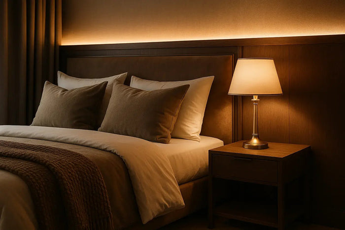Ambiance hôtelière : luminaires et tables de chevet