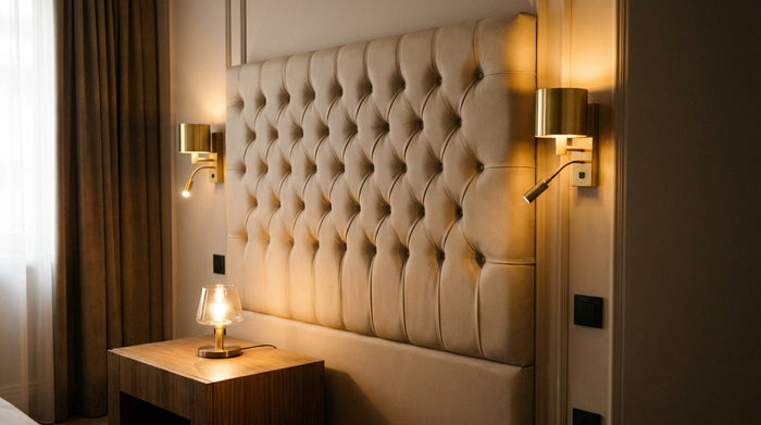 Ambiance hôtelière : luminaire et table de chevet