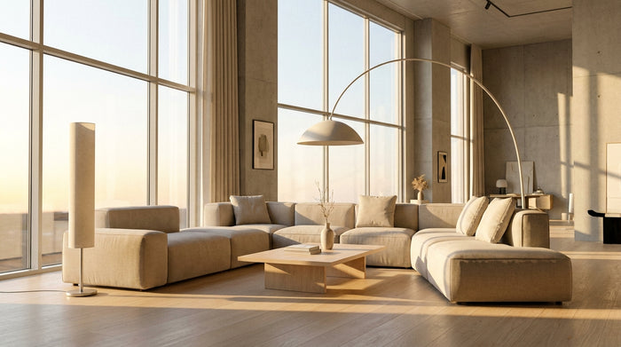 Éclairage d'un salon XXL : lampes sur pied et grands volumes