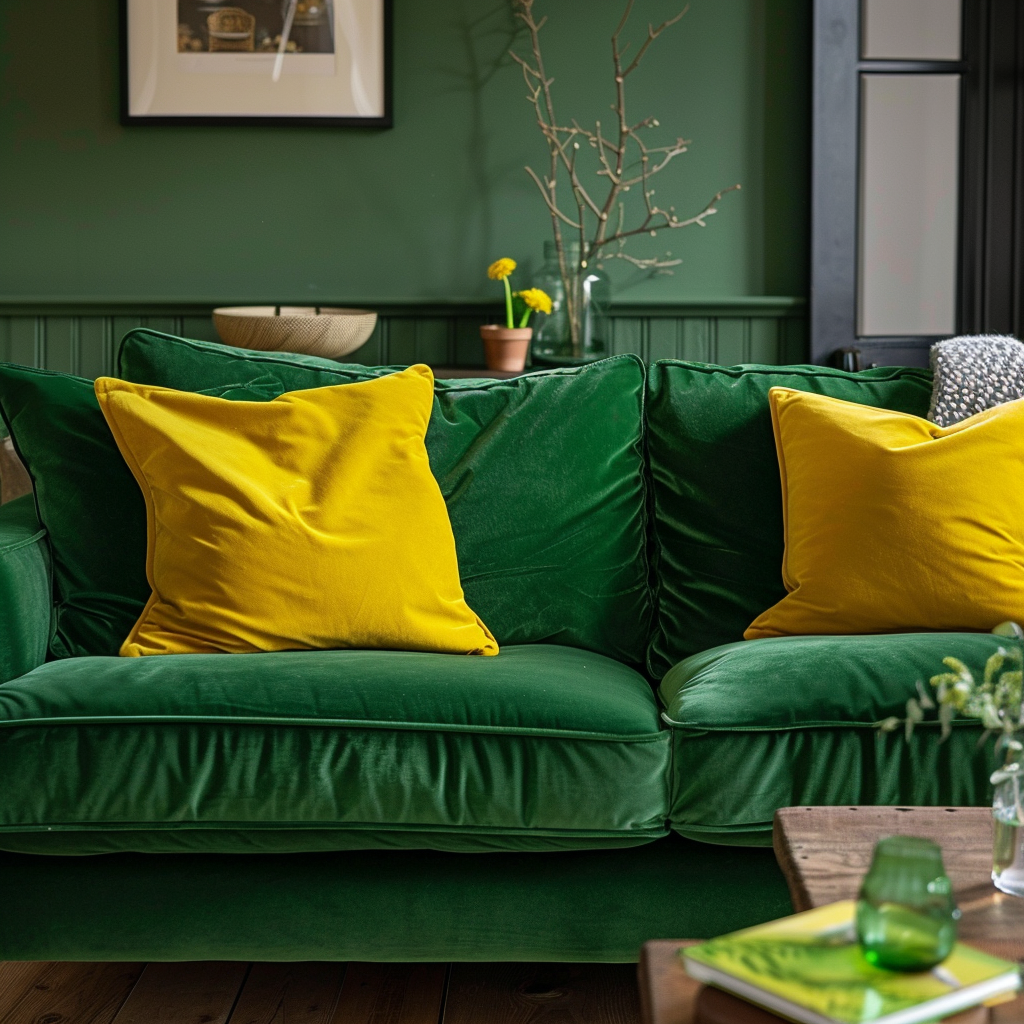 Déco et ameublement : quelle couleur avec un canapé vert foncé ?