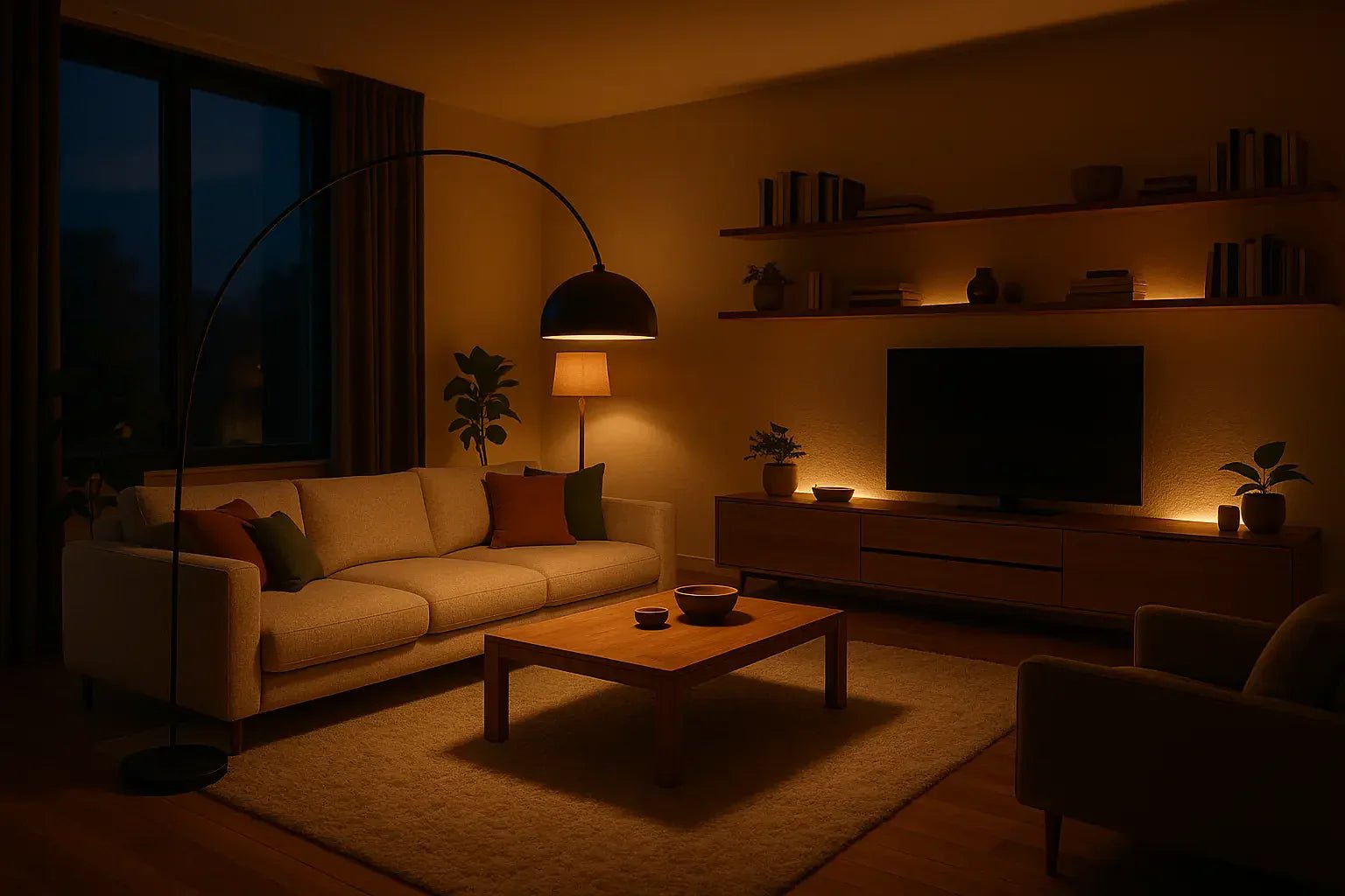 Éclairage salon XXL : canapés modulaires et lampes sur pied