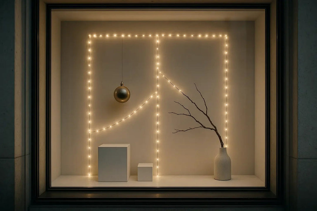 Guirlandes lumineuses design vitrine de Noël minimaliste - Designix