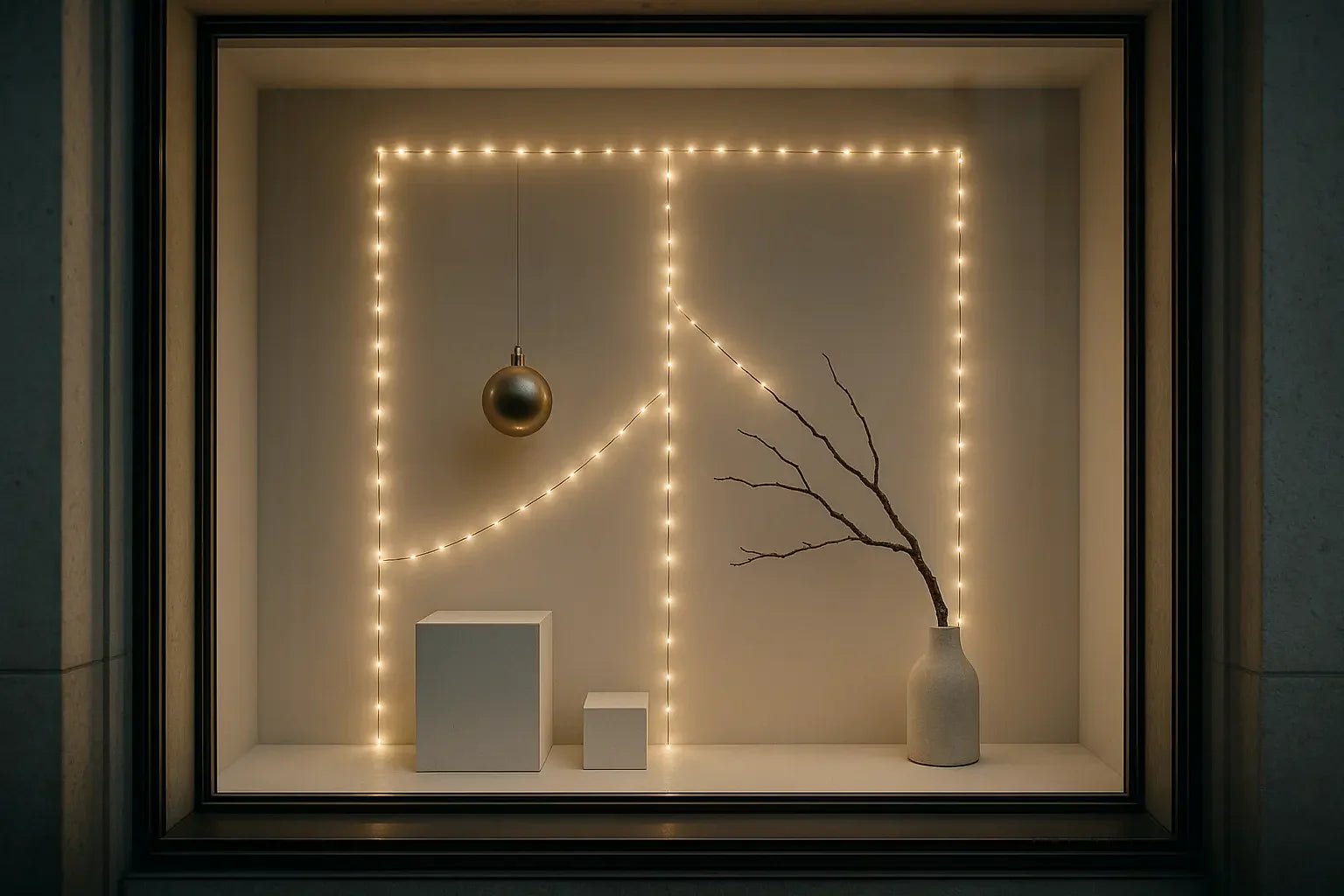 Guirlandes lumineuses design vitrine de Noël minimaliste