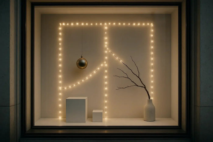 Guirlandes lumineuses design vitrine de Noël minimaliste