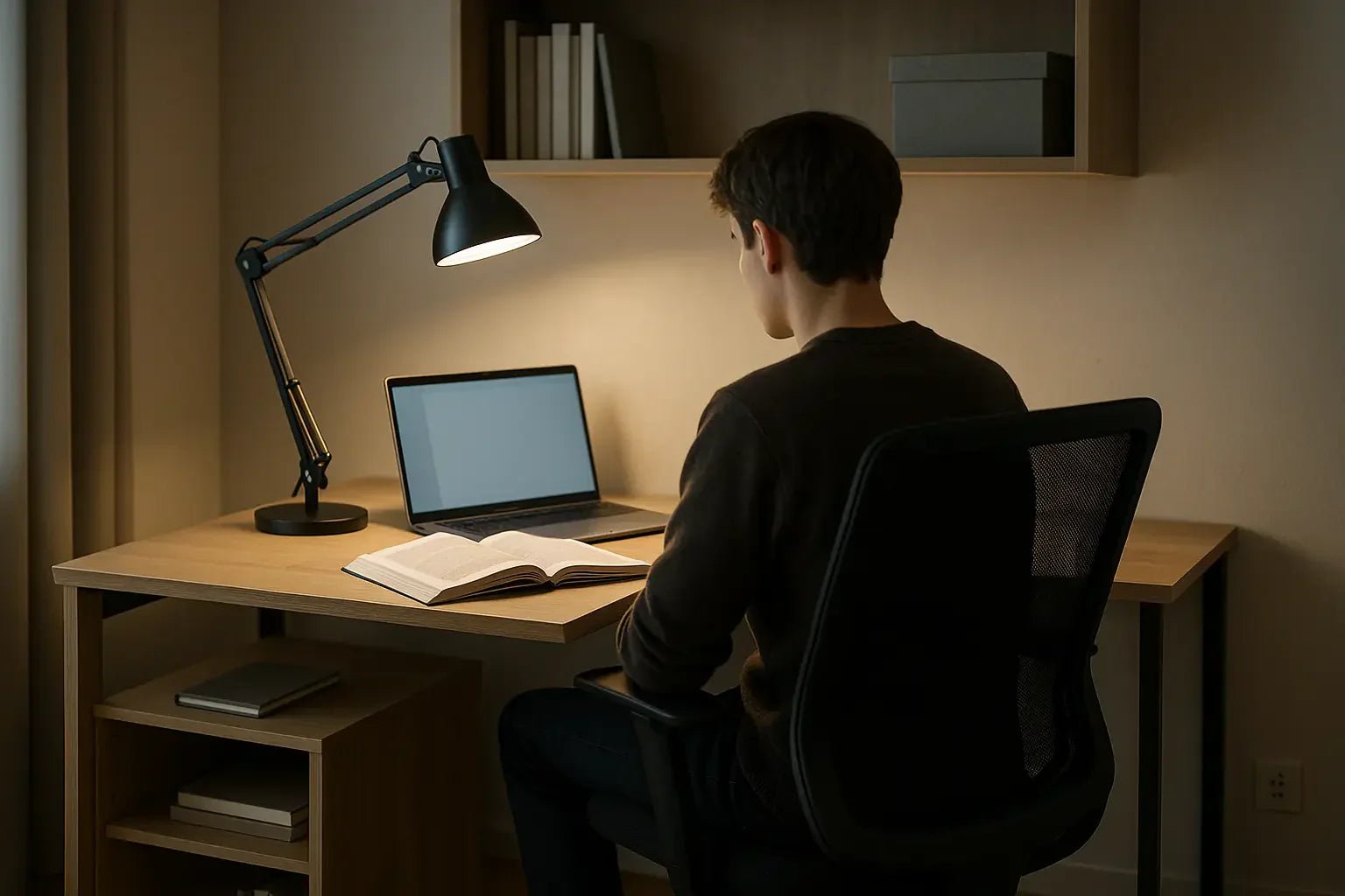 Trio lampe design, rangement, chaise pour bureau étudiant