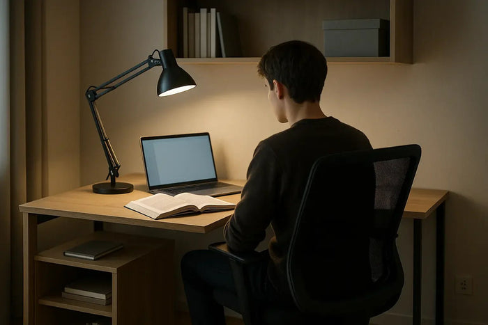 Trio lampe design, rangement, chaise pour bureau étudiant