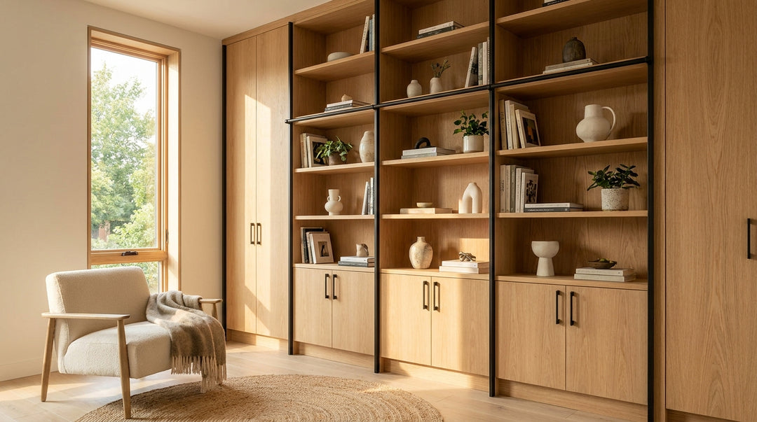 Bibliothèque d'angle design moderne — bibliothèque scandinave bois chêne pour salon, étagères livres décoration | Designix