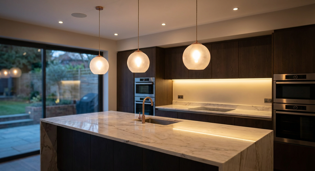 Suspensions cuisine design — luminaires suspendus au-dessus d'un îlot central moderne Designix