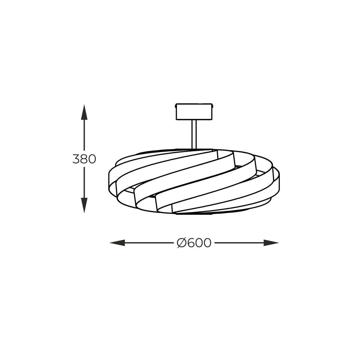 Schéma coté du plafonnier : hauteur 380 mm et diamètre 600 mm.