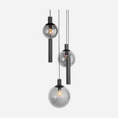 Suspension escalier en verre fumé, 3 boules + 2 spots, hauteur réglable | Bollique
