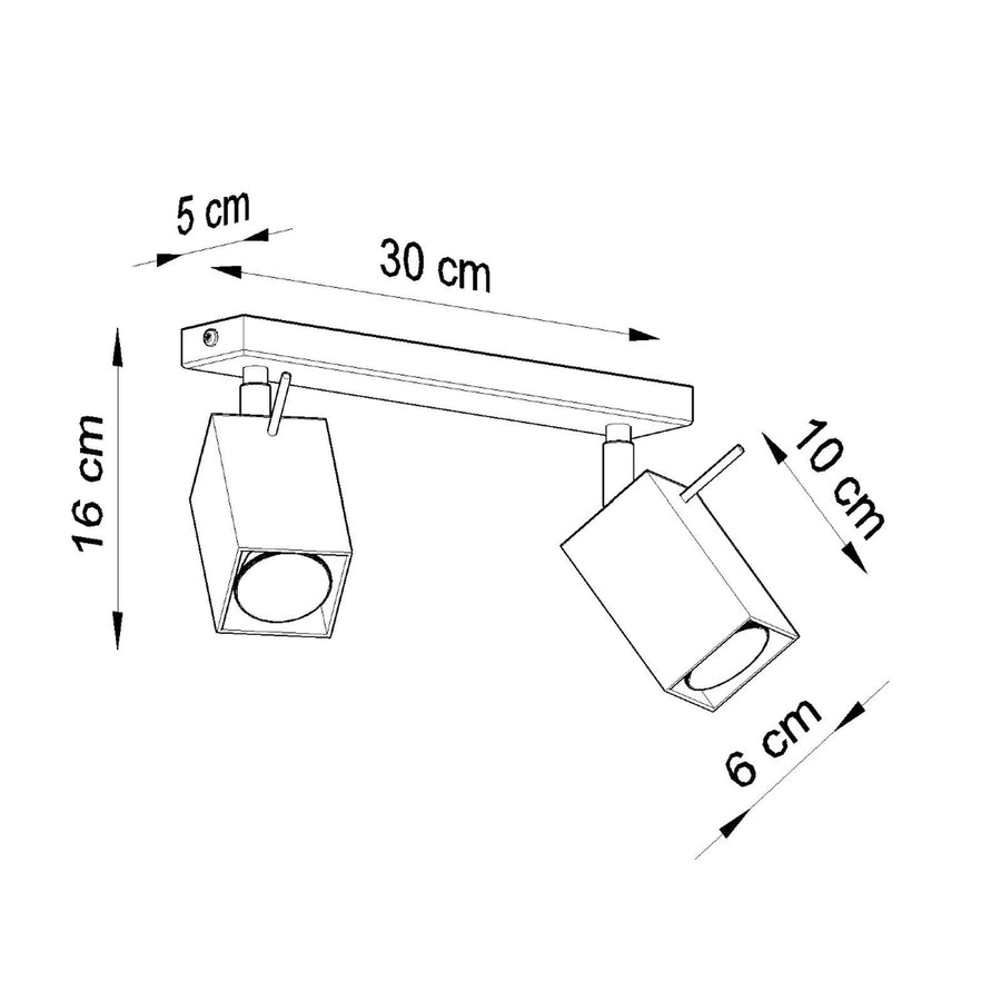 Schéma technique coté du luminaire avec dimensions du support et des spots.