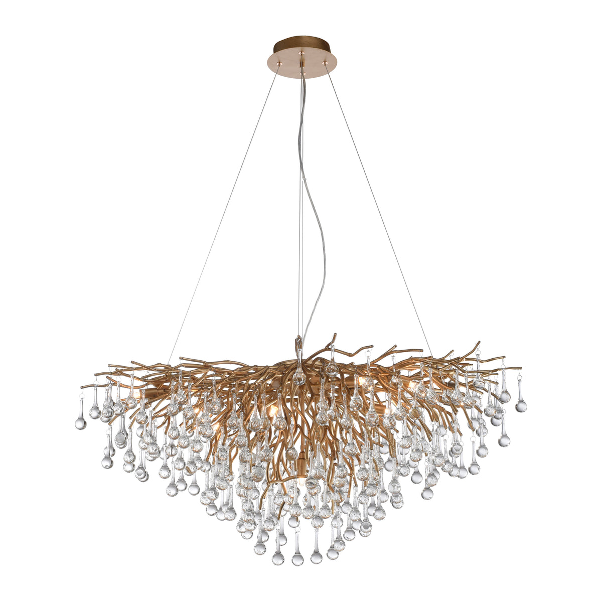 Luminaire présenté sur fond blanc, mettant en valeur la structure ramifiée et les pendants en verre.
