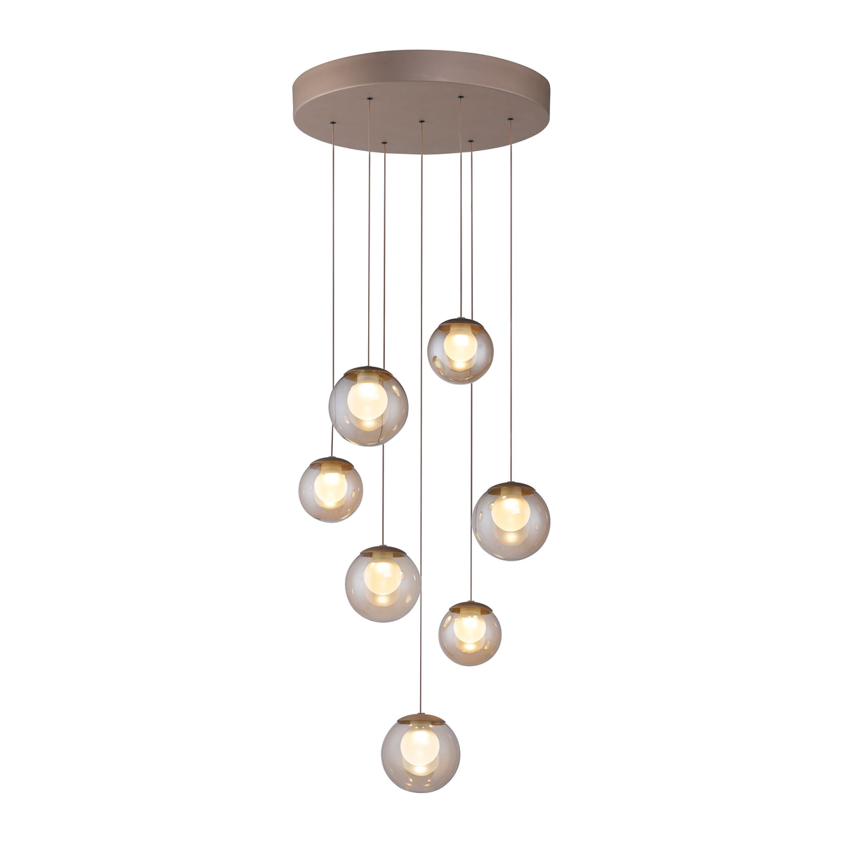 Vue d'ensemble sur fond blanc de la suspension et ses huit globes décalés