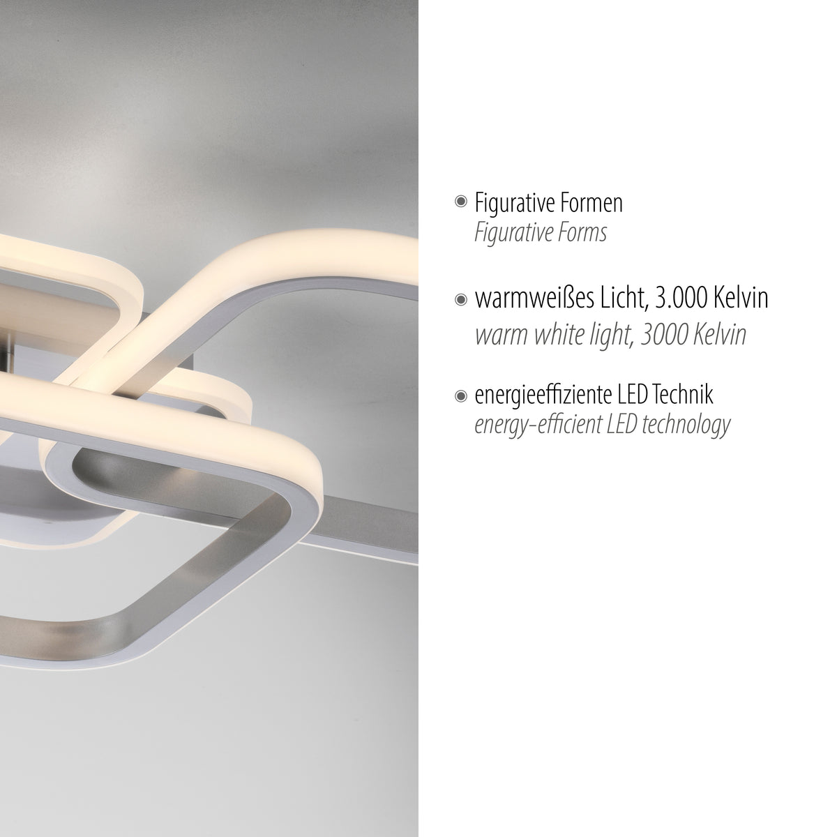 Détail rapproché de la finition acier et du bandeau LED avec textes techniques