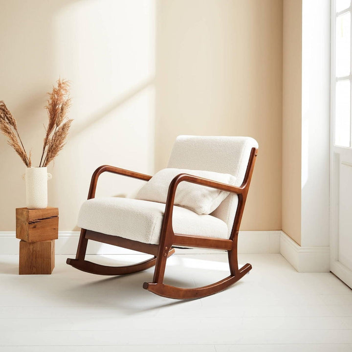 Alice'S Home - Fauteuil À Bascule Design En Bois Et Tissu. Bouclettes Blanches. Structure Hévéa Teinté Noyer Clair | Designix - Amazon    - https://designix.fr/