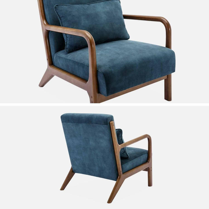 Alice'S Home - Fauteuil En Velours Bleu Pétrole. Pieds Bois D'Hévéa Teinté Noyer Clair. 1 Place Droit Fixe. Pieds Compas Scandinave | Designix -     - https://designix.fr/