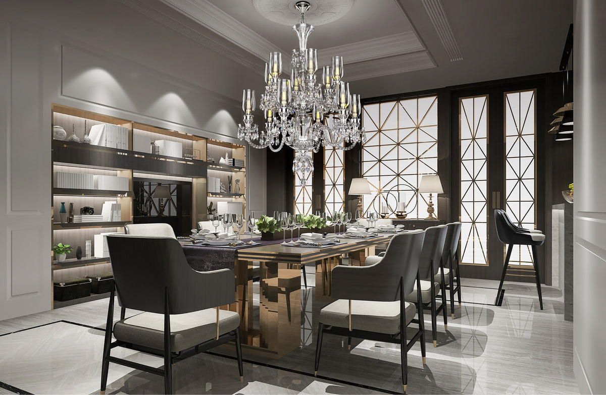 Lustre suspendu au-dessus d'une table dressée dans une salle à manger contemporaine.