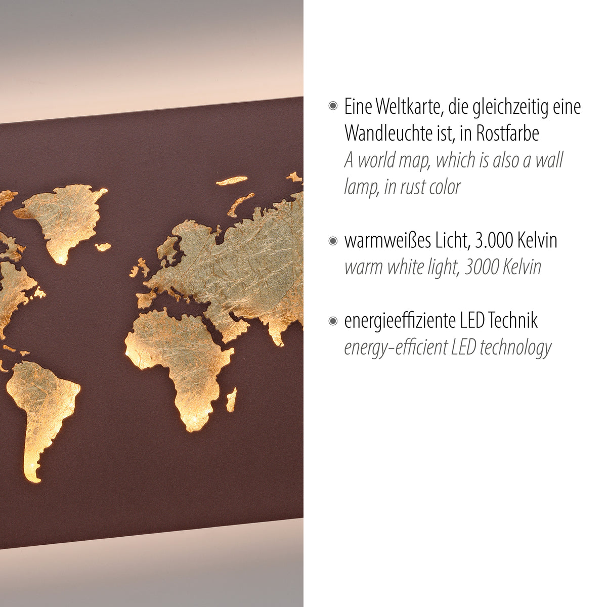 Détail rapproché des continents dorés et du rétroéclairage chaud du panneau