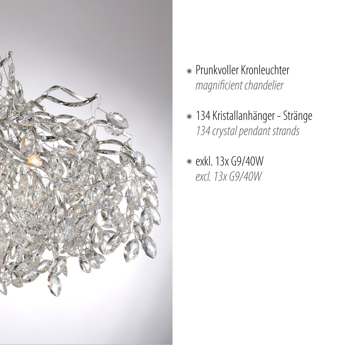 Détail des cristaux et texte indiquant 134 pendants, ampoules G9/40W non incluses.